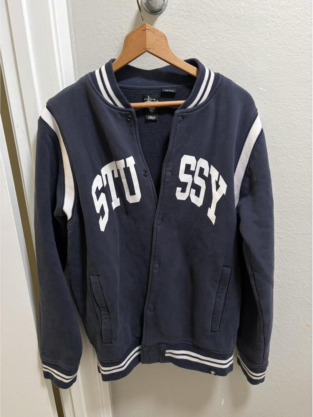 Vintage Stussy Navy Bomber Varsity Jacket Spell Out L